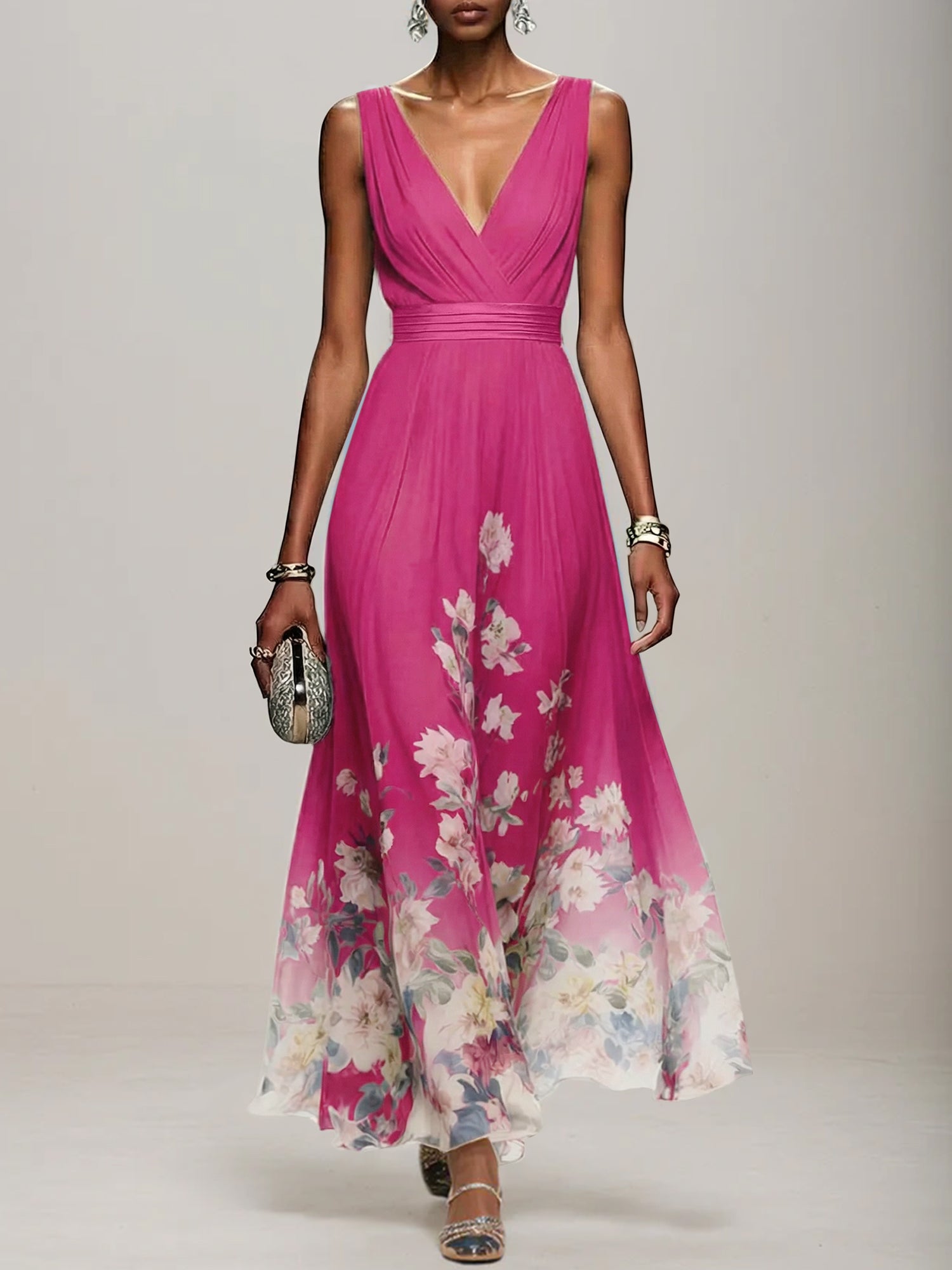 Light Blue Floral Chiffon V Neck Sleeveless A Line Maxi Dress