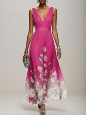 Light Blue Floral Chiffon V Neck Sleeveless A Line Maxi Dress
