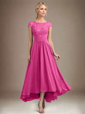 A-line Scoop Illusion Asymmetrical Lace Chiffon Mother of the Bride Dress With Pleated