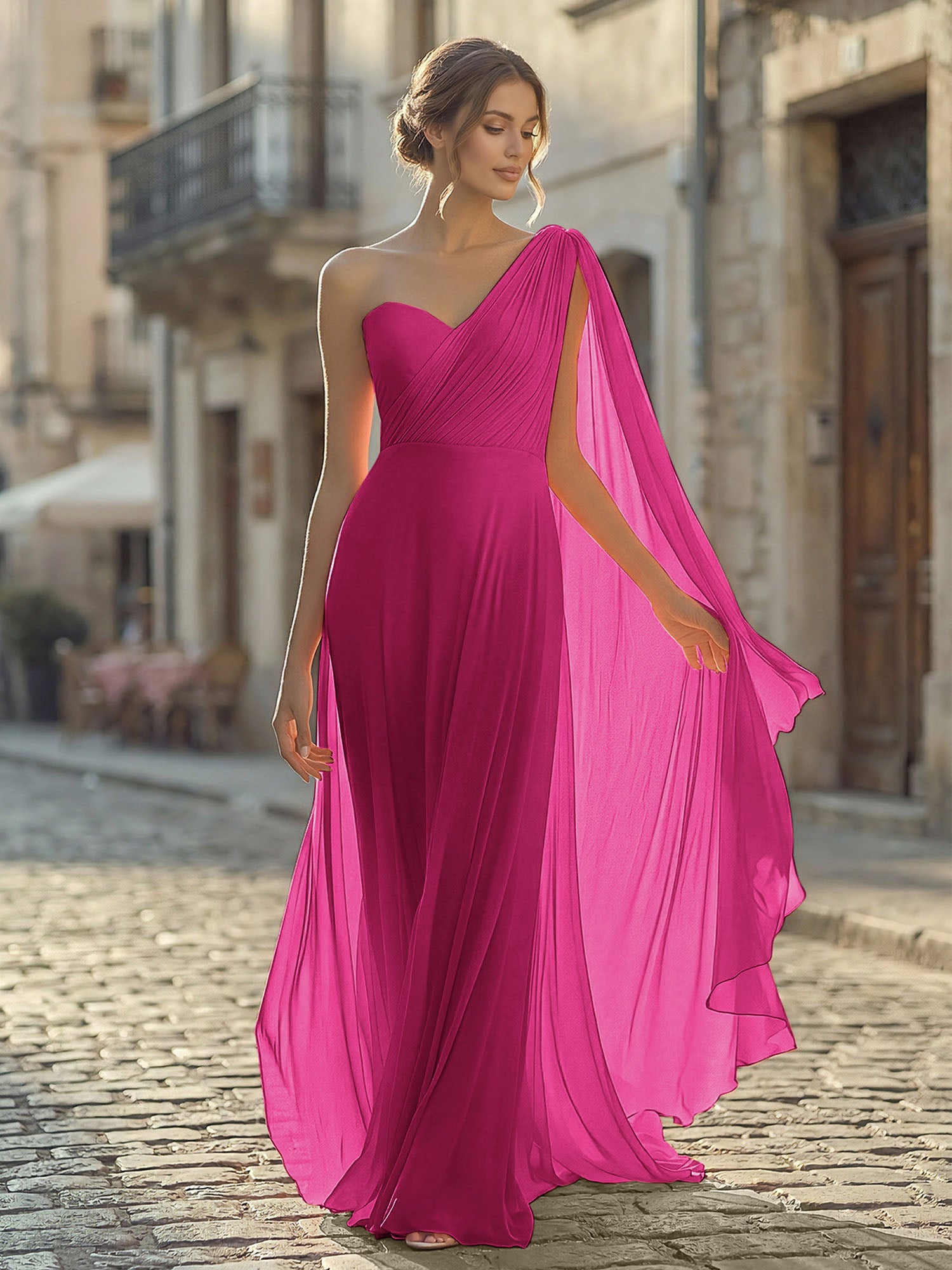 Powder Pink One-Shoulder Chiffon Cape Gown Maxi Dress