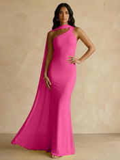 Yellow One-Shoulder Crepe Sheath Gown with Flowing Chiffon Cape Train