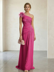 Blush Pink One-Shoulder Ruched 3D Floral Gown Dress