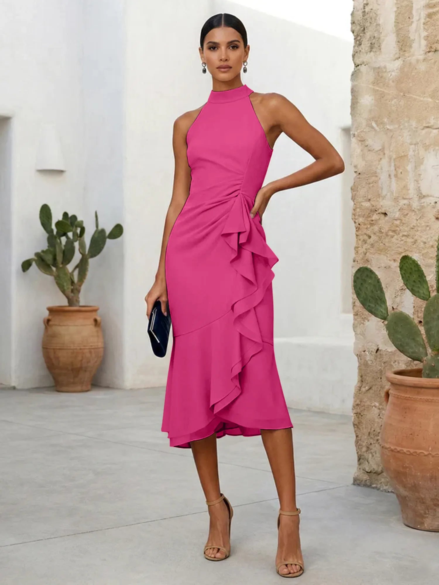 Pink High Neck Chiffon Mermaid Tea Length Evening Dress with Ruffle