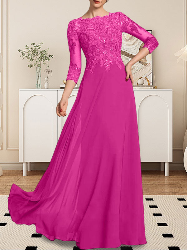 A-line Scoop Floor-Length Lace Chiffon Mother of the Bride Dress With Sequins