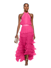 A Line Pink Chiffon Halter Neck Sleeveless Ankle Length Dress With Cascading Ruffles