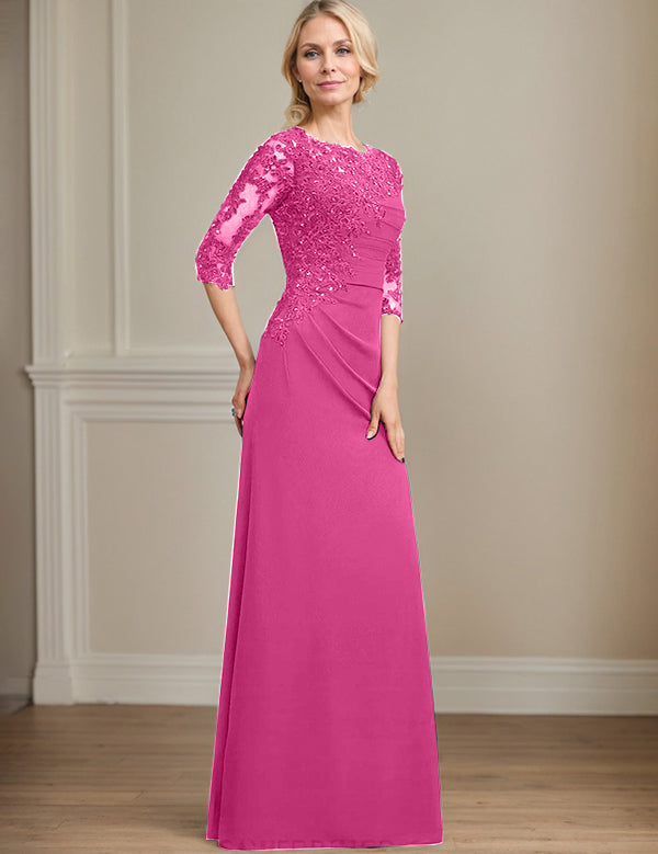 Robe de mère de la mariée trapèze en mousseline de soie et dentelle, longueur au sol, avec perles et paillettes plissées
