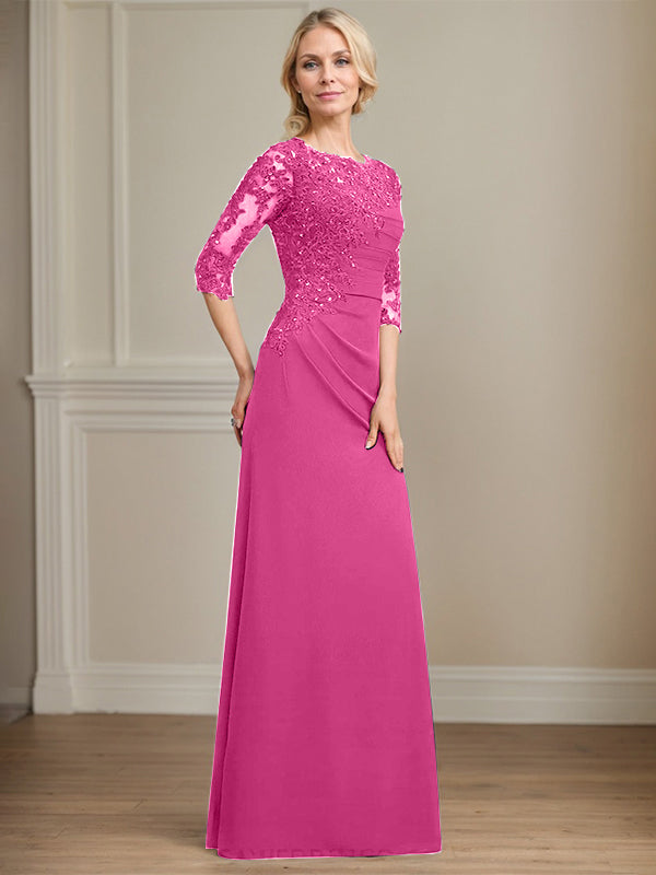 A-line Scoop Floor-Length Chiffon Lace Mother of the Bride Dress With Beading Pleated Sequins