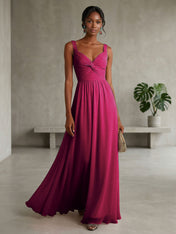 Elegant Soft Blush Twist-Front Chiffon Maxi Gown