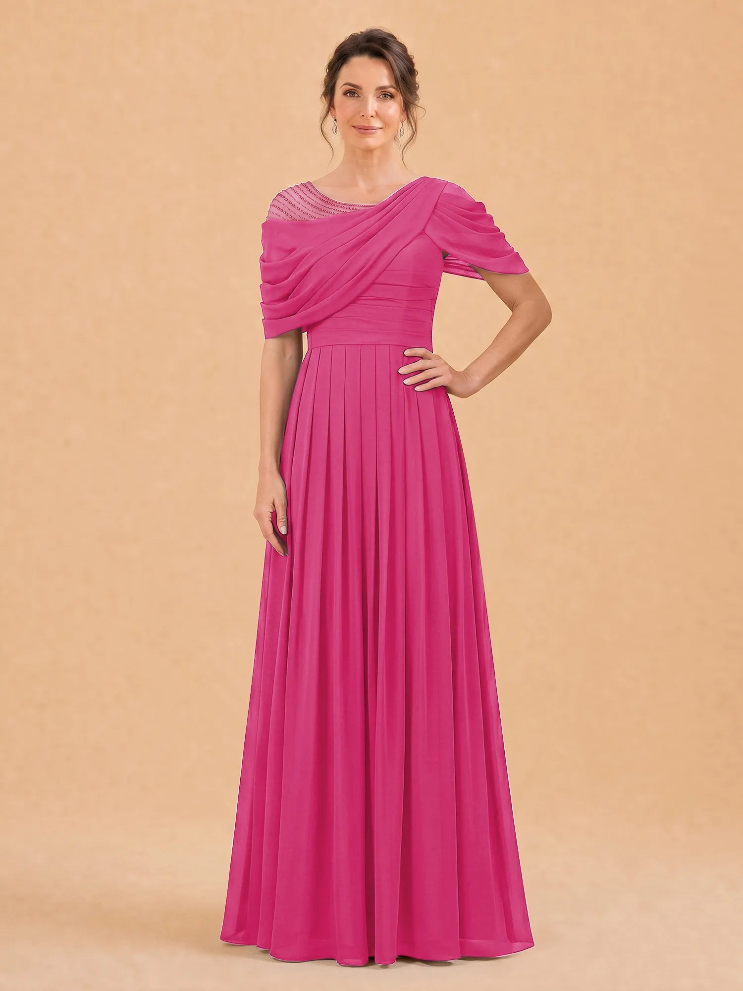 One-Shoulder Cape Overlay Chiffon Mother of the Bride Dress