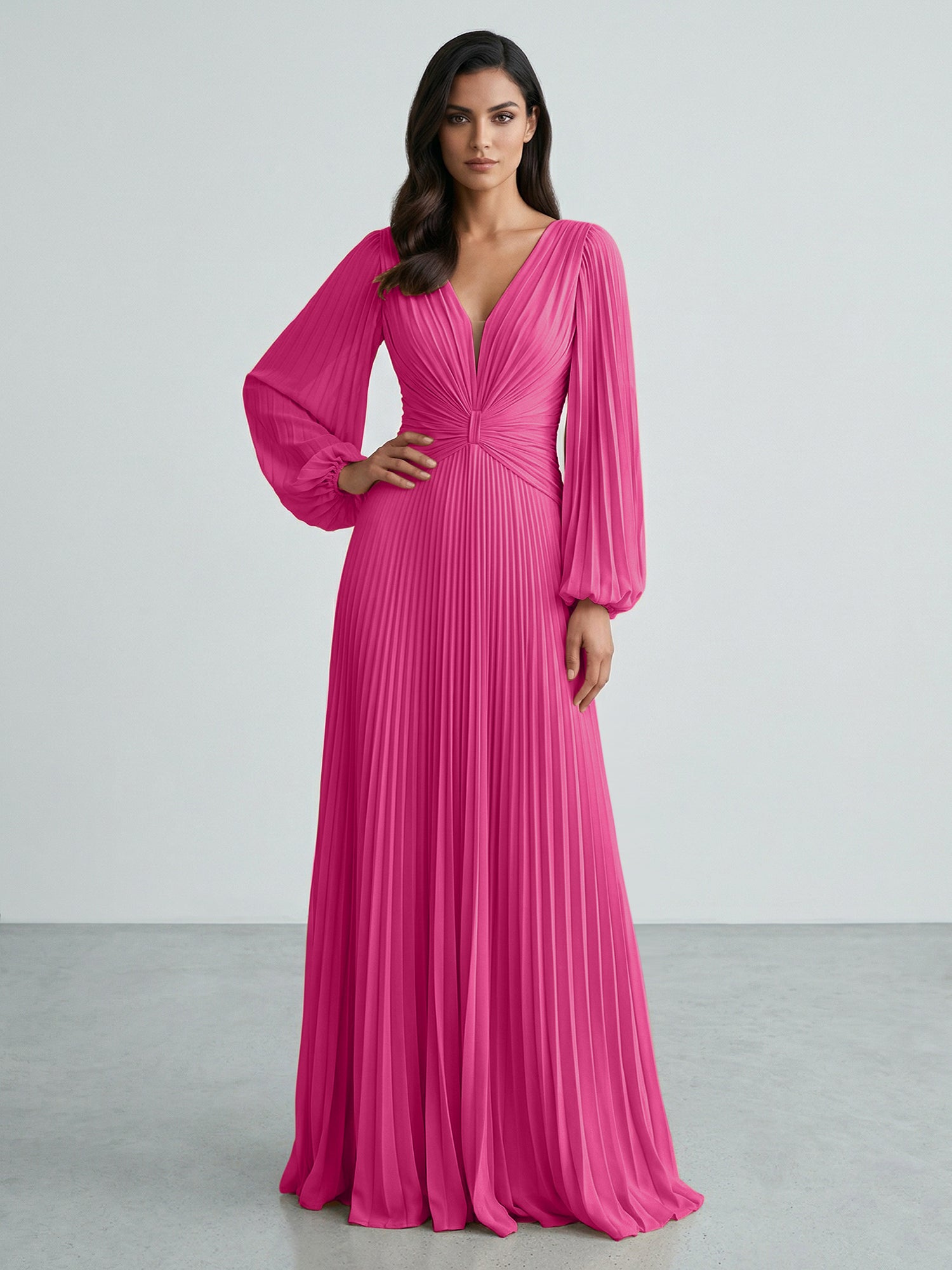Slate Blue Plunging V-Neck Pleated Long Sleeve Maxi Dress Gown