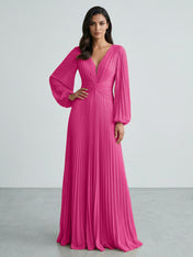 Slate Blue Plunging V-Neck Pleated Long Sleeve Maxi Dress Gown