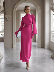 Ice Blue High-Neck Bishop Sleeve Gown Foraml Evening Dress