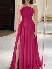 Red Pleated Chiffon Strapless Long Prom Dress with Slit