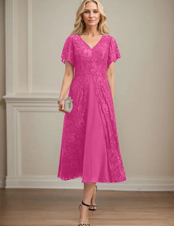 A-line V-Neck Tea-Length Lace Chiffon Mother of the Bride Dress