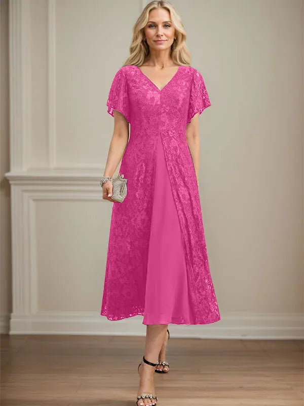 Robe de mère de la mariée en mousseline de soie, coupe trapèze, col en V et longueur thé 