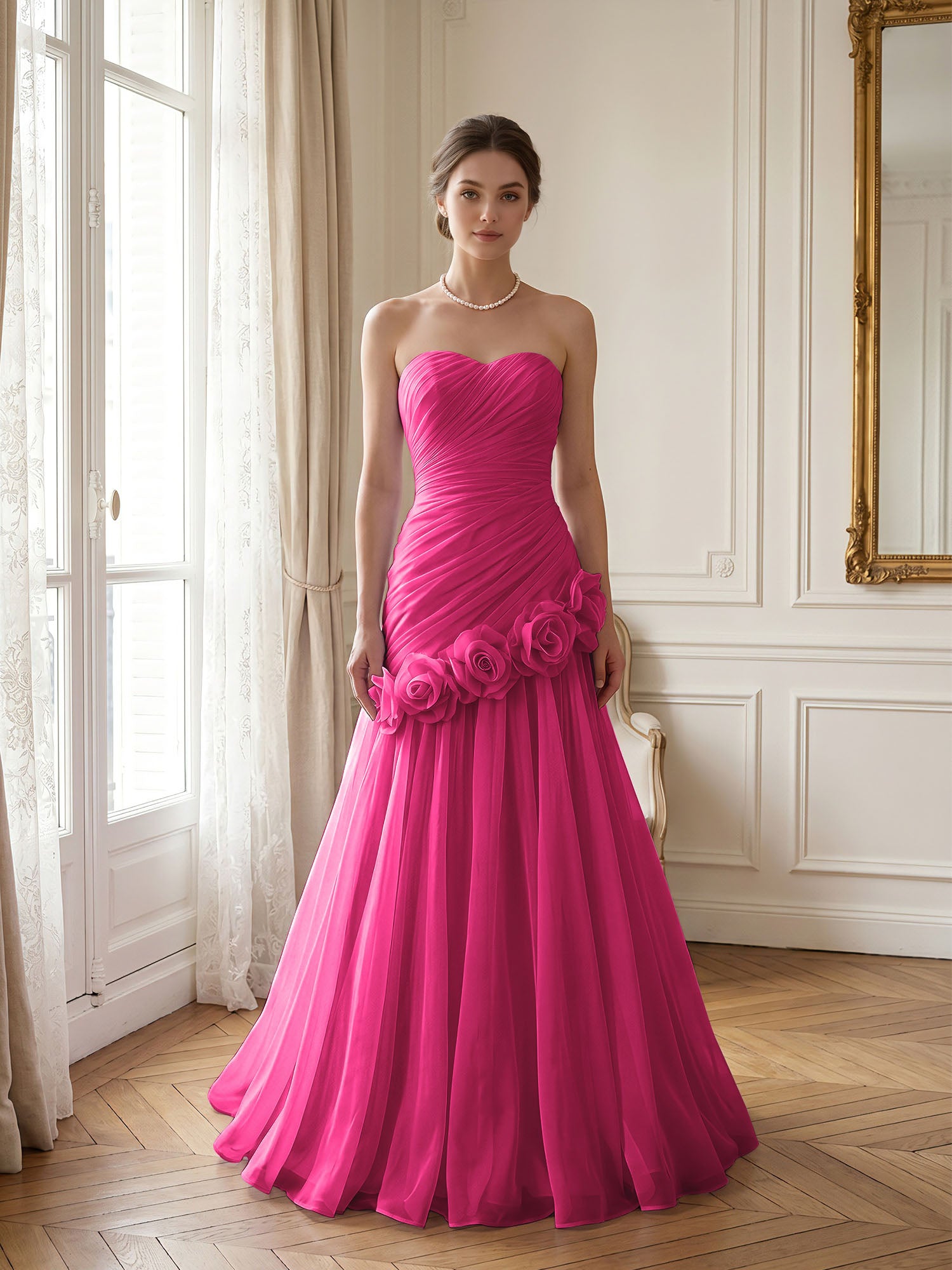 Lilac 3D Rosette Strapless Chiffon Evening Formal Gown Wedding Guest Dress