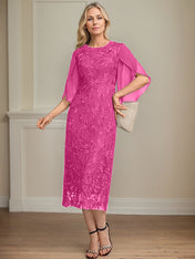 Sheath/Column Scoop Tea-Length Lace Chiffon Mother of the Bride Dress