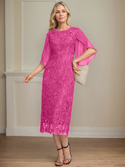 Sheath/Column Scoop Tea-Length Lace Chiffon Mother of the Bride Dress