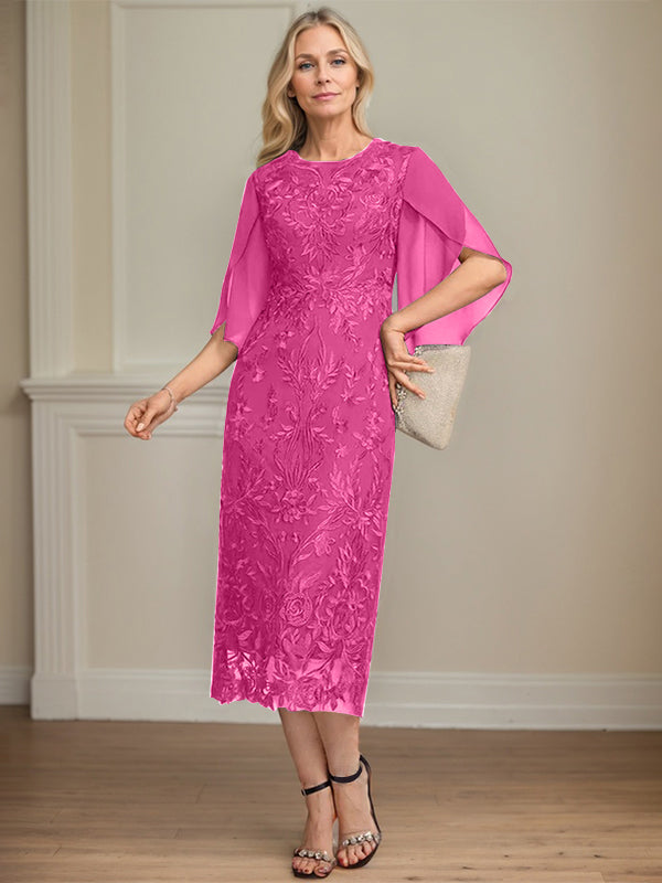 Column Scoop Tea-Length Lace Chiffon Mother of the Bride Dress