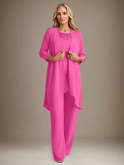 Chiffon Scoop Long Sleeves Mother Of The Bride Pantsuits With Jacket