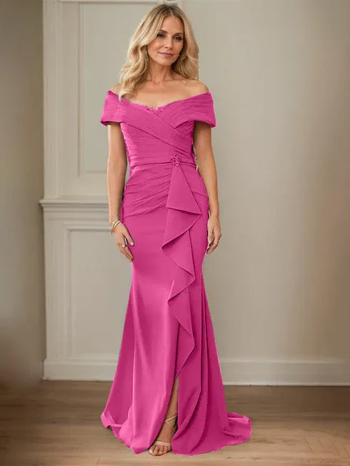 Column V-Neck Illusion Floor-Length Lace Chiffon Mother of the Bride Dress With Pleated Sequins
