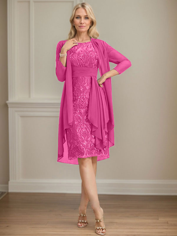 Column Scoop Illusion Knee-Length Lace Chiffon Mother of the Bride Dress With Cascading Ruffles Sequins