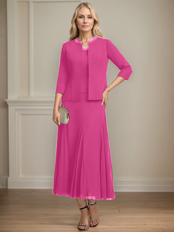 Separates A-line Scoop Tea-Length Chiffon Mother of the Bride Dress With Sequins Beading