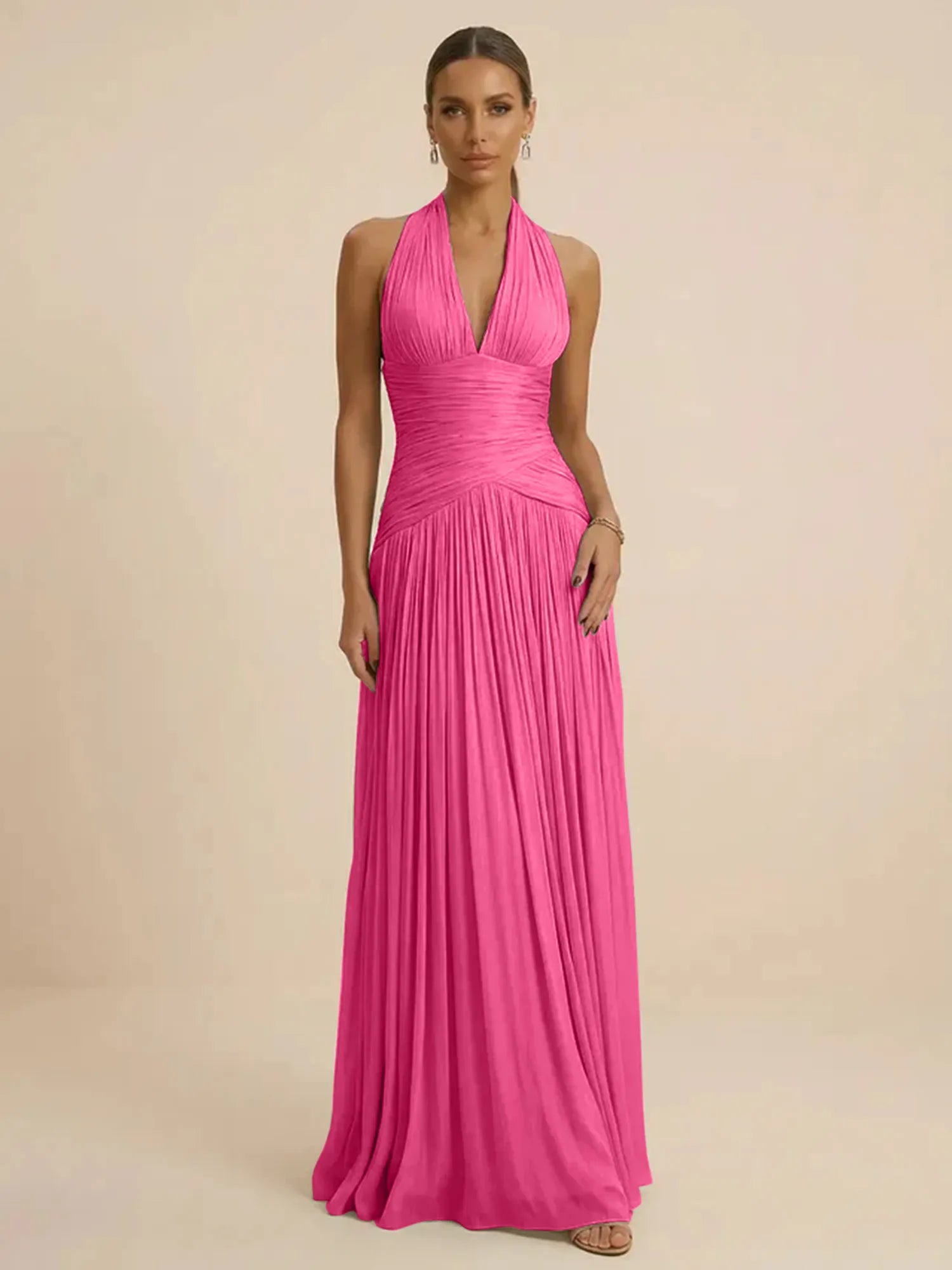 Sage Green Halter Neck Pleated Chiffon Evening Gown with Ruched