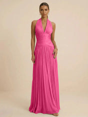 Sage Green Halter Neck Pleated Chiffon Evening Gown with Ruched