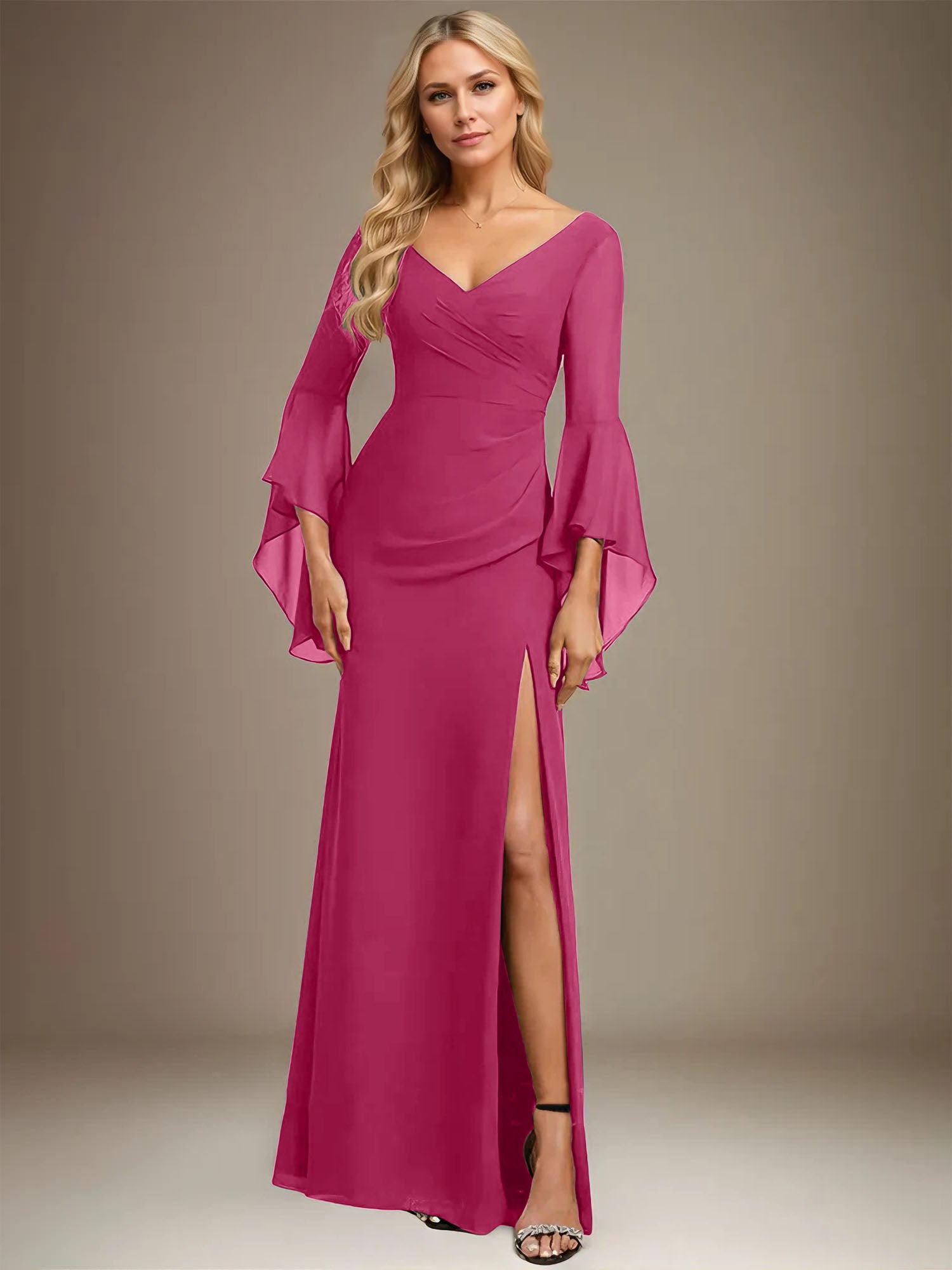 Column V-Neck Floor-Length Chiffon Dress With Pleated