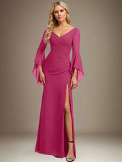 Sheath/Column V-Neck Floor-Length Chiffon Dress With Pleated