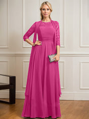 A-line Scoop Illusion Floor-Length Lace Chiffon Mother of the Bride Dress With Pleated