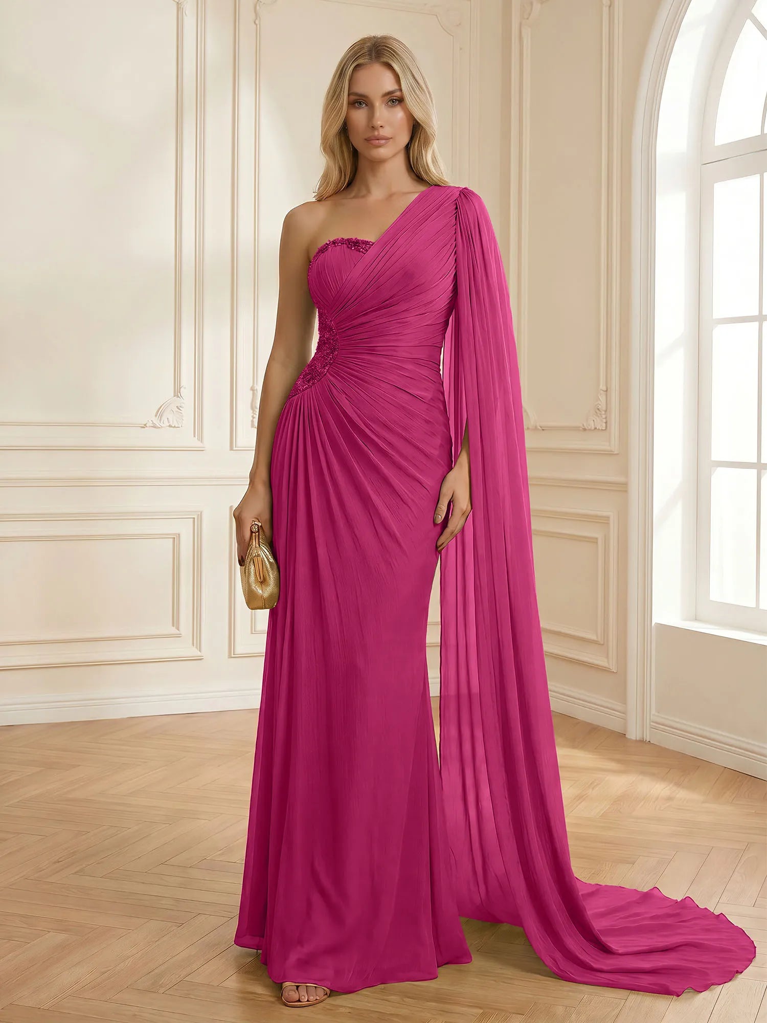Sage Green One Shoulder Beaded Evening Gown with Cape Sleeve