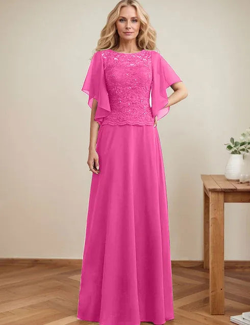 A-line Scoop Illusion Floor-Length Lace Chiffon Mother of the Bride Dress With Sequins
