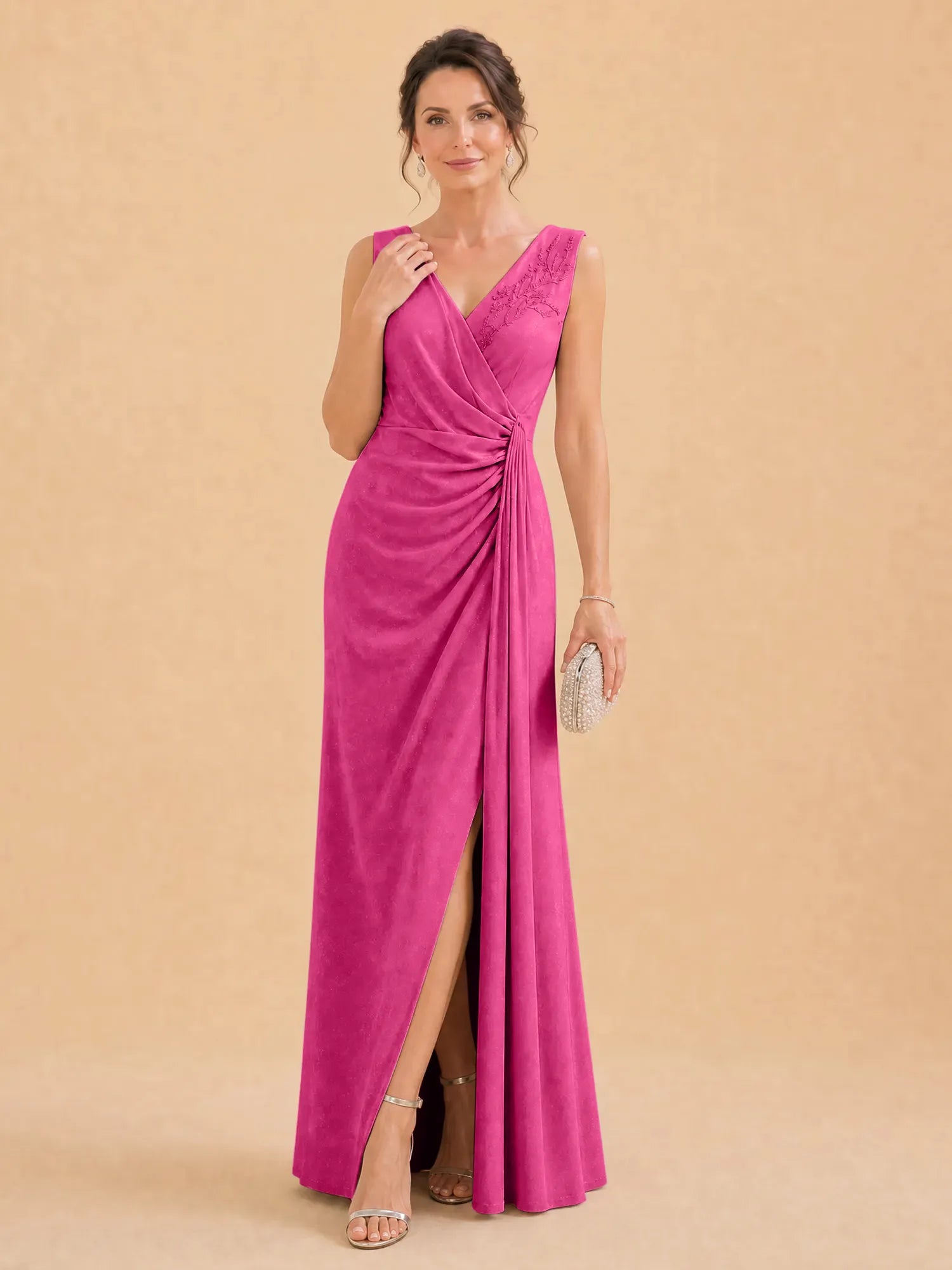 V-Neck Faux-Wrap Evening Gown with Side Draping Mother of The Bride Dresses