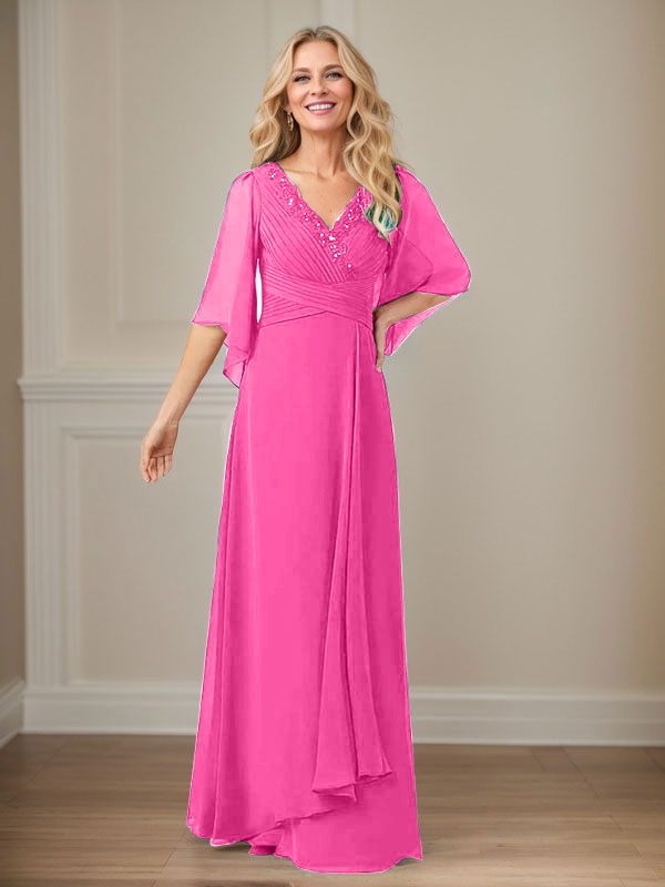 A-Line V-Neck Long Sequins Chiffon Mother Dress