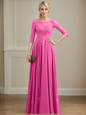 A-line Scoop Illusion Floor-Length Lace Chiffon Mother of the Bride Dress With Sequins