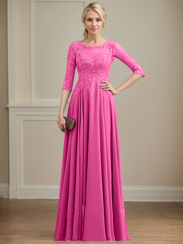 A-line Scoop Illusion Floor-Length Lace Chiffon Mother of the Bride Dress With Sequins