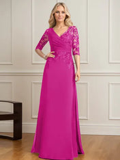 A-line V-Neck Floor-Length Lace Chiffon Mother of the Bride Dress With Pleated Sequins