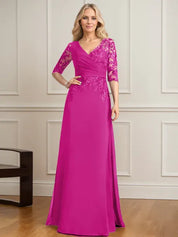 Robe de mère de la mariée trapèze, col en V, longueur au sol, en mousseline de soie et dentelle, avec sequins plissés 
