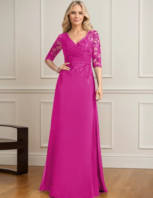 Robe de mère de la mariée trapèze, col en V, longueur au sol, en mousseline de soie et dentelle, avec sequins plissés 