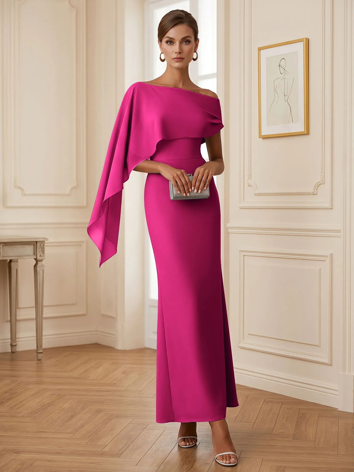 Elegant Mint Green One-Shoulder Chiffon Mermaid Formal Evening Dress with Cape and Ruffles