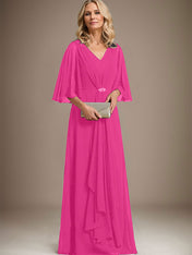 A-line V-Neck Floor-Length Chiffon Mother of the Bride Dress With Cascading Ruffles Crystal Brooch