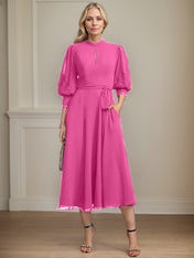 A-line High Neck Tea-Length Lace Chiffon Mother of the Bride Dress With Bow