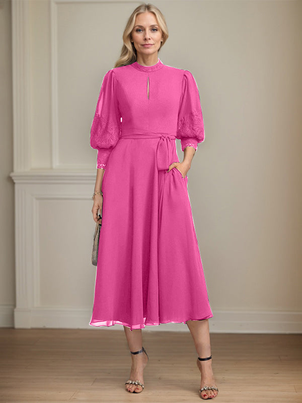 A-line High Neck Tea-Length Lace Chiffon Mother of the Bride Dress With Bow