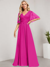 A-line V-Neck Floor-Length Lace Chiffon Mother of the Bride Dress With Sequins