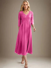 A-line V-Neck Tea-Length Chiffon Lace Mother of the Bride Dress With Beading