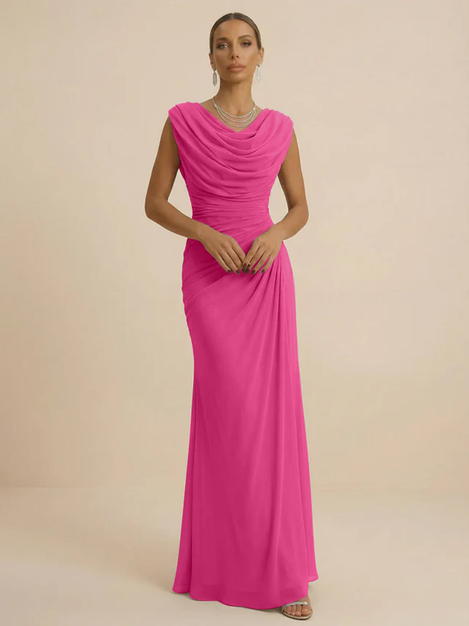 Dusty Grey Draped Cowl Neck Ruched Chiffon Evening Dresses