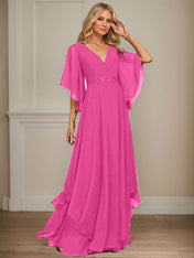 A-line V-Neck Floor-Length Chiffon Mother of the Bride Dress With Sequins Appliques Lace Beading