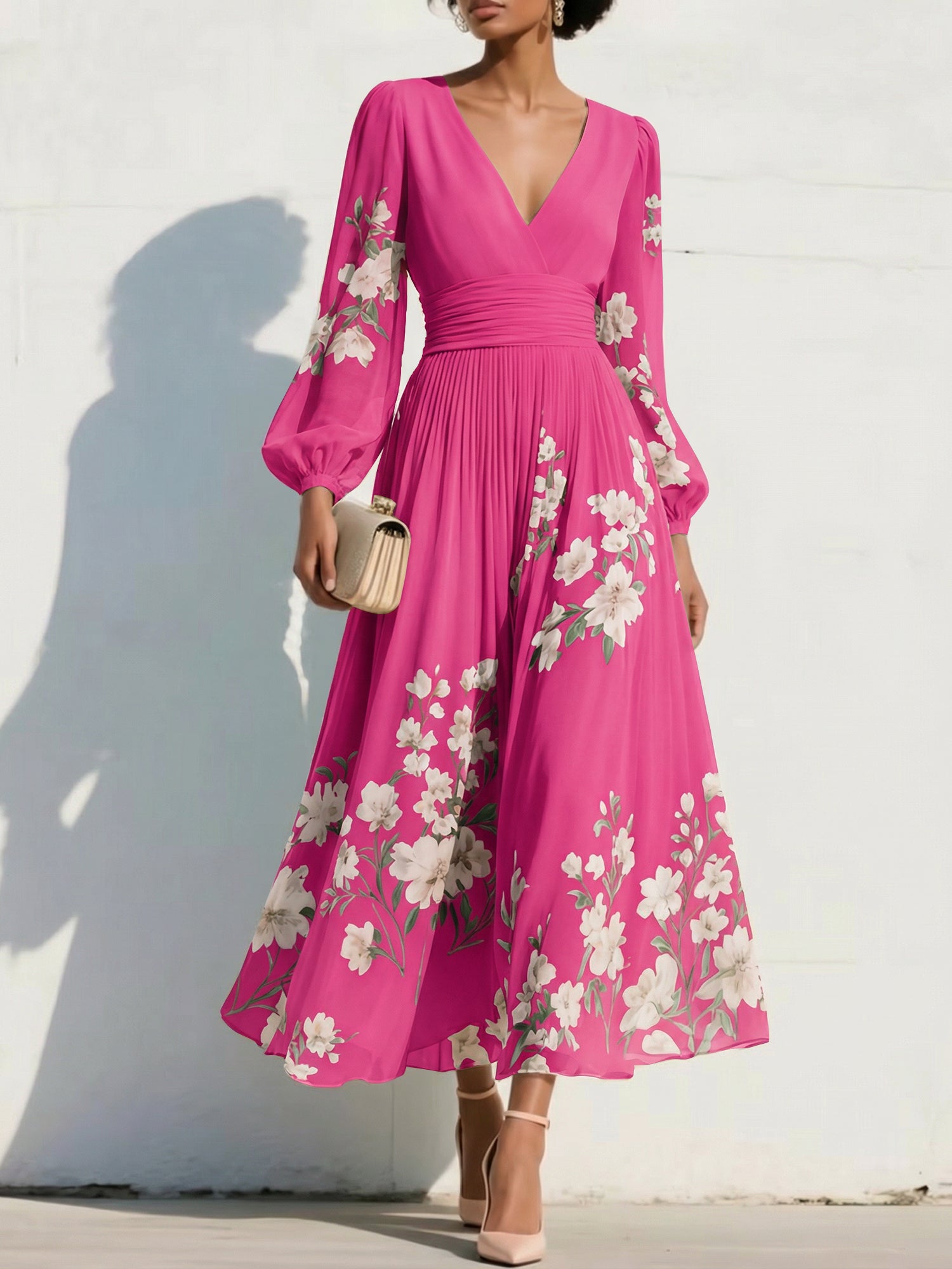 Elegant Floral V-Neck Pleated Midi Dress with Long Sleeves